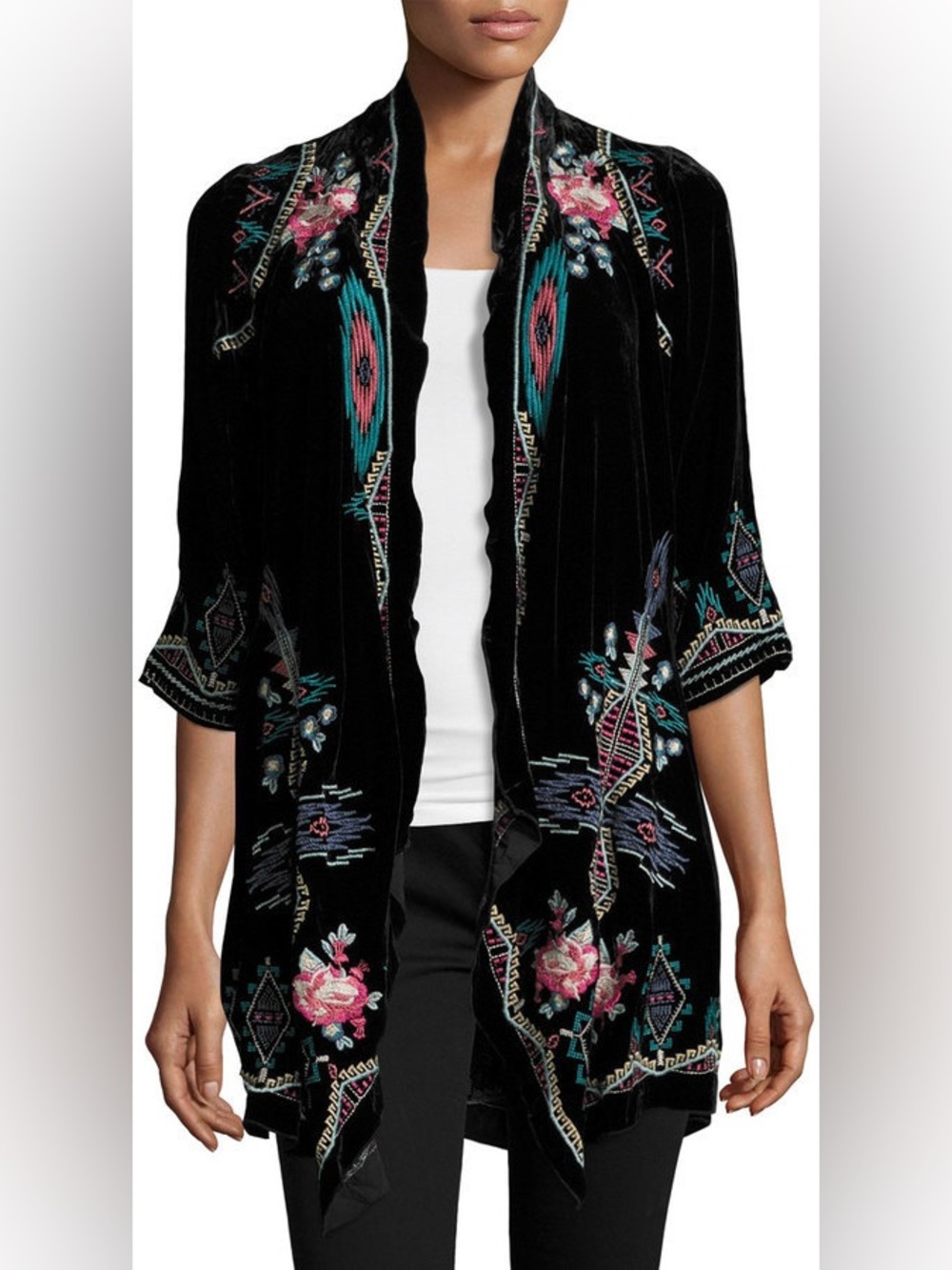 Johnny Was Aveza Embroidered Black Velvet Open Front Kimono